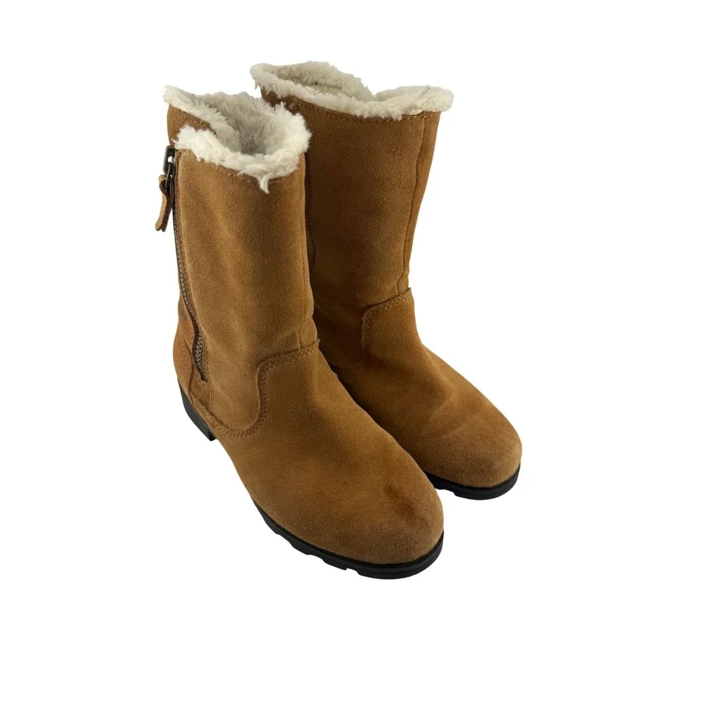 Sorel‎ Whitney Mid Calf Boots Kids Girls Size 2 Tan Suede Faux Fur